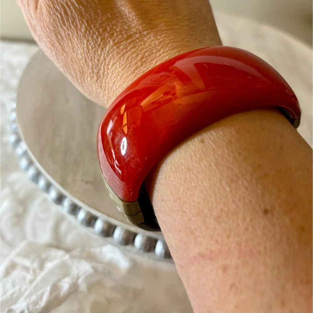 Premier Designs Red Resin and Wood Hinge Cuff Bracelet Brass Tone Chunky Bangle